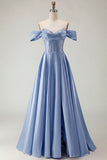 Off the Shoulder Satin Purple A Line Prom Dress
