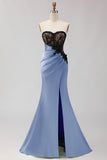 Black Green Mermaid Strapless Lace Ruched Long Prom Dress With Slit