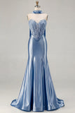 Mermaid Blue Corset Sweetheart Convertible Satin Long Prom Dress with Streamer
