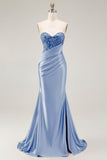 Red Strapless Mermaid Satin Ruched Prom Dress