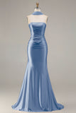 Strapless Mermaid Champagne Beaded Satin Long Prom Dress with Ribbon