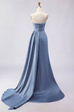 Royal Blue A Line Beaded Strapless Ruched Long Prom Dress with Slit