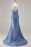 Mermaid Satin Fuchsia Ruched Spaghetti Straps Long Prom Dress with Slit