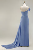 One Shoulder Green Ruched Satin Sheath Long Prom Dress with Slit