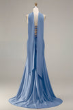 Champagne Beaded Neck Scarf Mermaid Prom Dress