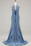 Mermaid Blue Corset Sweetheart Convertible Satin Long Prom Dress with Streamer