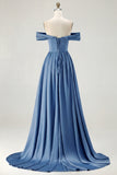 Blue Off the Shoulder A Line Satin Bridesmaid Dress