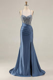 Mermaid Corset Beaded Pink Satin Prom Dress