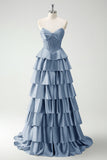 Green Princess Sweetheart Satin Tiered Long Corset Prom Dress with Slit