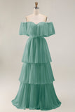 Dark Green Off The Shoulder Tiered A Line Long Bridesmaid Dress