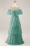 Dark Green Off The Shoulder Tiered A Line Long Bridesmaid Dress