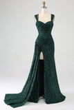 Sparkly Dark Green Sheath Sequin Long Prom Dress With Slit