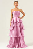 Blue A-Line Strapless Tiered Pleated Ruffled Floor Length Dress