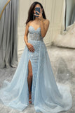 Glitter Strapless Blue Tulle A Line Prom Dress with Beading