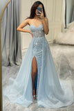 Glitter Strapless Blue Tulle A Line Prom Dress with Beading