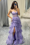 Lavender Sparkly Tiered A Line Princess Prom Dress with Slit