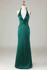 Dark Green Halter V Neck Open Back Satin Mermaid Long Bridesmaid Dress