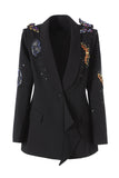 Sparkly Shawl Lapel Black Beaded Ruffled Women Prom Blazer