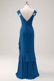 Dusty Sage Sheath V Neck Chiffon Long Bridesmaid Dress with Ruffles