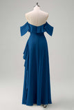 Light Green Sheath Strapless Chiffon Floor Length Bridesmaid Dress with Ruffle Slit