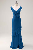 Dusty Sage Sheath V Neck Chiffon Long Bridesmaid Dress with Ruffles