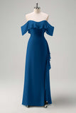 Light Green Sheath Off The Shoulder Chiffon Long Bridesmaid Dress with Ruffle Slit