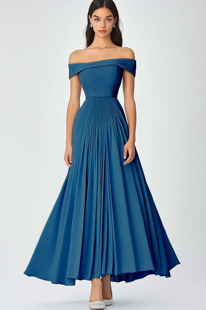 Off-the-shoulder A-line Ruched Chiffon Dress with Slit Clover
