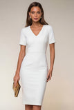 Navy V-Neck Pencil Short Sleeve Knee-Length Work Dress With Back Slit