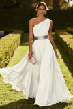 One Shoulder Olive A Line Long Wedding Guest Dress