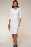Navy 3/4 Sleeves Cowl Neck Pencil Midi Work Dress