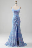 Sparkly Light Blue Mermaid Sequins Prom Dress with Slit