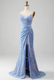 Sparkly Light Blue Mermaid Sequins Long Prom Dress with Slit