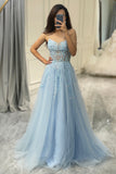 Blue Spaghetti Straps Tulle A Line Prom Dress with Appliques