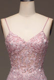 Glitter Mermaid Blush Spaghetti Straps Long Prom Dress with Beading