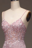 Glitter Mermaid Blush Spaghetti Straps Long Prom Dress with Beading