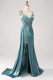 Champagne Mermaid Watteau Train Corset Sequins Satin Long Prom Dress with Slit