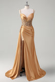 Champagne Mermaid Watteau Train Corset Sequins Satin Long Prom Dress with Slit