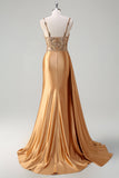 Champagne Mermaid Watteau Train Corset Sequins Satin Long Prom Dress with Slit