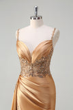 Champagne Mermaid Watteau Train Corset Sequins Satin Long Prom Dress with Slit