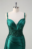 Champagne Mermaid Watteau Train Corset Sequins Satin Long Prom Dress with Slit