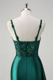 Champagne Mermaid Watteau Train Corset Sequins Satin Long Prom Dress with Slit