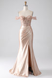 Sparkly Mermaid Champagne Off The Shoulder Corset Prom Dress with Slit