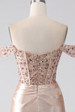 Sparkly Mermaid Champagne Off The Shoulder Corset Prom Dress with Slit