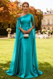 Dark Green One Shoulder Evening Dress With Overlay