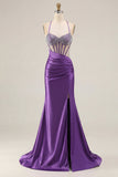 Mermaid Corset Beaded Pink Satin Prom Dress