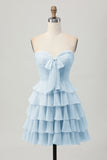 Cute Light Yellow Strapless Tiered A Line Short Prom Dress with Bow
