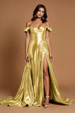 Golden Off The Shoulder Long Prom Dress