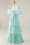 Dark Green Off The Shoulder Tiered A Line Long Bridesmaid Dress
