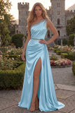 One Shoulder Burgundy Beaded Mermaid Long Prom Dress with Slit