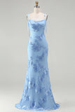 Blue Embroidery Mermaid Floral Spaghetti Straps Maxi Dress